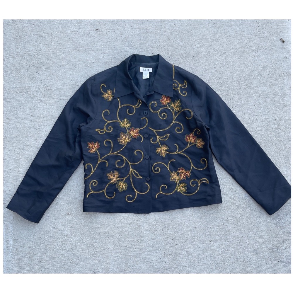 SLB Womens Navy Blue 100% Silk Embroidered Leaf Button Front Jacket Size 10